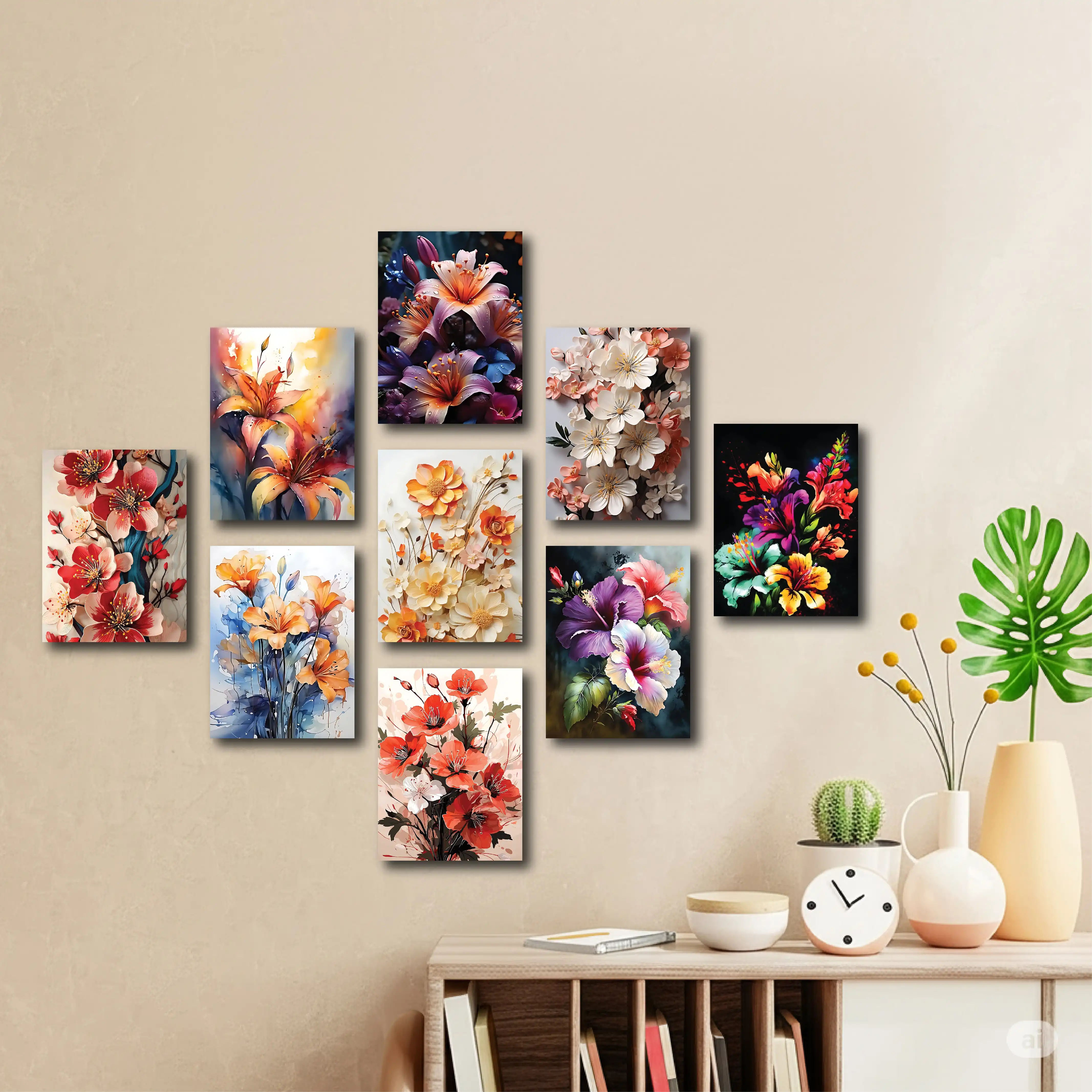 9 PCS Flower Design PVC Wall Art – Elegant Floral Canvas Posters for Home